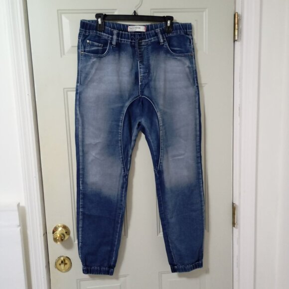 Track Denim Jogger Pants Size 30 Blue Elastic Cuffs Cotton Mens Casual Wear - Picture 1 of 9